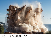 Building demolition imploding near the coastline with dust cloud exploding outward. Стоковое AI-изображение, AI-художник Иван Рябоконь / Фотобанк Лори