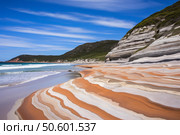 Colorful sandstone formations stretching along the picturesque australian coastline. Стоковое AI-изображение, AI-художник Иван Рябоконь / Фотобанк Лори