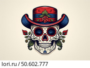 Dia de los muertos sugar skull wearing a fancy hat with roses. Стоковое AI-изображение, AI-художник Иван Рябоконь / Фотобанк Лори