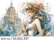A fantasy watercolor illustration in a romantic style. In the center is a graceful girl with long flowing hair, decorated with flowers, butterflies and leaves. Her image embodies spring, inspiration and tenderness. In the background is a majestic palace with domes and towers in the Baroque style, surrounded by ephemeral figures resembling dancing angels or spirits. The color scheme is light, pastel, with a predominance of blue, cream and pink tones. Ideal for themes of fantasy, romance, fairy tales, nature and a dreamy mood. Стоковое AI-изображение, AI-художник Анна Кривицкая / Фотобанк Лори
