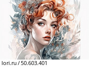 Watercolor portrait of a young woman with red wavy hair framed by leaves and flowers in an exquisite botanical style. Her face is full of expressiveness and gentle beauty, with an attentive and slightly dreamy look. The illustration combines elements of flora, femininity and artistic lightness. The color palette is sustained in soft pastel and natural tones: ocher, green, warm gray. Ideal for cover design, designer products, women's cosmetics, interior, printed and digital products. Стоковое AI-изображение, AI-художник Анна Кривицкая / Фотобанк Лори