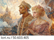A fantasy illustration in a Russian fairy tale style, depicting a majestic couple - a man and a woman - in rich outfits, decorated with gold and patterned elements. The man is dressed in a traditional caftan and headdress, his image is strict and regal. The woman next to him is the embodiment of sophistication, with an exquisite hairstyle, jewelry and a light veil. In the background is a fairy tale city with towers, smoke and curls of clouds, reminiscent of magical scenes from epics and folk tales. The picture is made in a decorative and ornamental style with a soft watercolor palette. Стоковое AI-изображение, AI-художник Анна Кривицкая / Фотобанк Лори