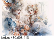 An elegant watercolor illustration in a romantic style. The painting depicts two refined girls with noble features, dressed in stylized 18th century outfits, decorated with flowers. The heroines' hair is decorated with roses and delicate curls, their images are filled with lightness and dreaminess. The palette consists of soft pastel colors - pink, blue, cream. The background is almost transparent, as if dissolving in paper, creating an airy feeling. The composition radiates grace, beauty and artistic subtlety. Стоковое AI-изображение, AI-художник Анна Кривицкая / Фотобанк Лори