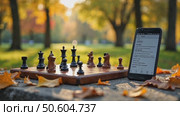 A casual chess game in a park under dappled tree shade, autumn leaves scattered across the stone table, a smartphone AI chess assistant placed near chessboard. Стоковое AI-видео, аниматор Sergey Grishin / Фотобанк Лори