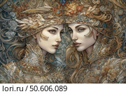Digital art illustration in Art Nouveau style depicting two women in exquisite fantasy outfits with rich ornamental decoration. Their images are surrounded by ornate patterns, flowers and feathers, creating a sense of fairy-tale beauty and mystical symmetry. Fine detailing, refined faces and complex textures make the image ideal for covers, art magazines, posters and fantasy design. Стоковое AI-изображение, AI-художник Анна Кривицкая / Фотобанк Лори