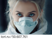 Doctor wearing protective mask and looking at camera. Стоковое AI-изображение, AI-художник Иван Рябоконь / Фотобанк Лори
