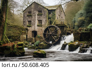 Old stone watermill stands on the river dart in dartmoor national park, devon, with its water wheel turning. Стоковое AI-изображение, AI-художник Иван Рябоконь / Фотобанк Лори