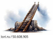 Wooden ladder leaning against cloudy sky reaching high upward mobility. Стоковое AI-изображение, AI-художник Иван Рябоконь / Фотобанк Лори