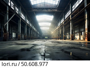 Sunlight entering abandoned industrial building through skylights. Стоковое AI-изображение, AI-художник Иван Рябоконь / Фотобанк Лори