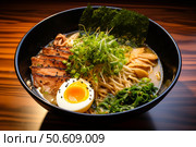 Delicious ramen bowl with pork, egg, nori seaweed and sprouts on wooden table. Стоковое AI-изображение, AI-художник Иван Рябоконь / Фотобанк Лори