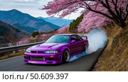 A purple car is driving down a road with smoke coming out of its back. Стоковое AI-изображение, AI-художник Ярославский Максим / Фотобанк Лори