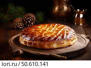 Delicious puff pastry epiphany cake sitting on wooden tray. Стоковое AI-изображение, AI-художник Иван Рябоконь / Фотобанк Лори