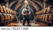 Smellier Standing in a Wine Cellar With Water Splashing Around Him. Generative AI. Стоковое AI-изображение, AI-художник Roman Zavorotny / Фотобанк Лори