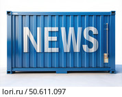 Blue Shipping Container With News Printed on the Side. Generative AI. Стоковое AI-изображение, AI-художник Roman Zavorotny / Фотобанк Лори