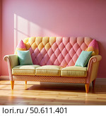 Pink And Yellow Tufted Sofa In A Sunny Room. Generative AI. Стоковое AI-изображение, AI-художник Roman Zavorotny / Фотобанк Лори