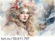 Watercolor illustration of a young girl with a gentle and dreamy expression against a winter landscape. Her long blonde hair is framed by a wreath of flowers and ribbons, creating a fairytale and romantic image. Snow is falling around, a light frost draws delicate patterns on the background of rocks and trees. The work is done in pastel and muted colors, emphasizing the fragility, beauty and harmony of nature and femininity. Ideal for postcards, book covers, seasonal collections and fantasy projects. Стоковое AI-изображение, AI-художник Анна Кривицкая / Фотобанк Лори