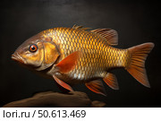 Golden rudd fish swimming over dark rock on black background. Стоковое AI-изображение, AI-художник Иван Рябоконь / Фотобанк Лори