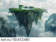 Floating island paradise hovering above misty canyon with lush vegetation. Стоковое AI-изображение, AI-художник Иван Рябоконь / Фотобанк Лори