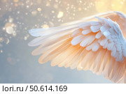 A pair of pristine white angel wings exudes tranquility as soft light bathes them in warmth. The cascading feathers create an ethereal scene of serene beauty and divine elegance. Стоковое AI-изображение, AI-художник Nart / Фотобанк Лори