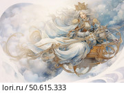 Watercolor fairy tale illustration of the Snow Queen racing on a luxurious sleigh pulled by a white horse. The female figure in a majestic bluish-white outfit with fur trim, a crown and long flowing hair emphasizes the magical winter atmosphere. The details of the harness and sleigh are decorated with golden elements and pearls. The background is made in soft snowy shades with falling snow and swirling effects, giving the composition dynamics and lightness. Ideal for winter and New Year projects, fairy tales, postcards and decorative panels. Стоковое AI-изображение, AI-художник Анна Кривицкая / Фотобанк Лори