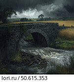 A dark and atmospheric illustration of an old stone bridge spanning a raging river in the midst of a torrential downpour. In the foreground is a stream of water with floating branches and debris, highlighting the force of the current. In the background are fields of wheat, trees, low clouds and a dark stormy sky. The image is filled with drama, natural power and a sense of impending storm. Ideal for projects related to the elements, travel, history and rural architecture. Стоковое AI-изображение, AI-художник Анна Кривицкая / Фотобанк Лори