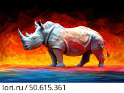 A modern digital illustration of a rhinoceros, done in a low-poly style. The animal is presented in a bright and expressive color palette - from blue and purple tones at the bottom to fiery red and yellow shades of the background, creating the effect of a sunset or a magical landscape. A dynamic combination of geometric shapes and saturated colors gives the image expression and depth. Suitable for interior design, prints, posters, packaging design and advertising products related to wildlife or modern art. Стоковое AI-изображение, AI-художник Анна Кривицкая / Фотобанк Лори