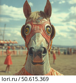 An unusual close-up of a decorative horse with expressive round eyes and a red mask against a fairground or circus landscape. The object evokes a surreal impression due to its exaggerated features and unusual angle. The atmosphere of the image combines retro aesthetics and visual absurdity, perfect for conceptual projects, design, posters and visual storytelling. Стоковое AI-изображение, AI-художник Анна Кривицкая / Фотобанк Лори