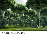Futuristic green city park with lush vegetation and artificial trees. Стоковое AI-изображение, AI-художник Иван Рябоконь / Фотобанк Лори