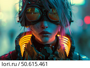 Cyberpunk girl wearing futuristic goggles and illuminated clothing in city at night. Стоковое AI-изображение, AI-художник Иван Рябоконь / Фотобанк Лори
