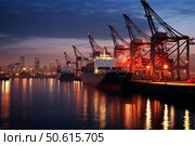 Container ships docking at a busy port at night with city skyline in background. Стоковое AI-изображение, AI-художник Иван Рябоконь / Фотобанк Лори