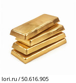 Stack of shiny gold bars standing on white background. Стоковое AI-изображение, AI-художник Иван Рябоконь / Фотобанк Лори