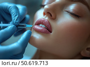 A young woman receiving botox injections in her lips from a professional cosmetologist. Modern aesthetic treatments aimed at enhancing beauty and youthful appearance in medical clinic. Стоковое AI-изображение, AI-художник Ирина Михайличенко / Фотобанк Лори