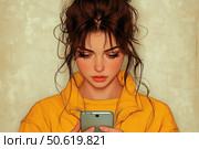 A digital illustration of a young girl with expressive features, wearing a bright yellow jacket. She is looking intently at the screen of a smartphone in her hands, standing against a light wall. Her hair is slightly careless, which gives the image a natural and lively look. The work is done in an artistic style reminiscent of digital painting. Ideal for themes related to youth, technology, everyday life and emotional visual aesthetics. Стоковое AI-изображение, AI-художник Анна Кривицкая / Фотобанк Лори