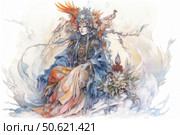 Watercolor illustration of a fantastic woman in a complex oriental or fairytale costume, decorated with many details - flowers, jewelry, feathers and birds. She sits with her eyes closed, radiating calm and magical dignity. The composition is made in soft pastel colors with a predominance of blue, peach and cream shades. The illustration is filled with lightness, dreaminess and artistic subtlety, ideal for the themes of art, fantasy, mysticism, dreams and oriental aesthetics. Стоковое AI-изображение, AI-художник Анна Кривицкая / Фотобанк Лори