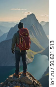 Amazing epic shot of young man hiker stand on top of mountain after long difficult hike in Lofoten Islands in Norway. Incredible summer views. Стоковое AI-видео, аниматор Sergey Grishin / Фотобанк Лори