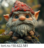 A charming gnome with a lush gray beard and big blue eyes stands on a mossy stone in the forest. He is dressed in brown clothes and wears a bright red hat decorated with berries. The figure is made in the style of fairy-tale realism with high detail - the texture of the wood, moss and clothes are carefully worked out. The image of the gnome evokes associations with forest spirits, magic and children's fairy tales. Ideal for illustrations, fantasy themes, books and decor. Стоковое AI-изображение, AI-художник Анна Кривицкая / Фотобанк Лори