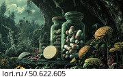 A fantasy illustration combining elements of nature and pharmaceuticals. In the foreground are glass jars filled with capsules and tablets, placed among forest flowers, moss and roots. The scene is decorated in dark green tones, creating the atmosphere of a mysterious medicinal forest. The contrast between the artificial and the natural emphasizes the theme of the interaction of science and nature, traditional and modern medicine, alchemy and herbal medicine. Стоковое AI-изображение, AI-художник Анна Кривицкая / Фотобанк Лори
