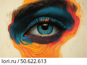 A surrealistic depiction of a human eye, executed in a vivid artistic manner. The blue iris is surrounded by rich colors - deep blue, fiery orange and bright yellow, as if the colors are spreading on the skin. The illustration creates a strong visual effect and evokes associations with observation, awareness, creativity and the inner world. Ideal for themes related to art, psychology, design, visual perception technology and self-knowledge. Стоковое AI-изображение, AI-художник Анна Кривицкая / Фотобанк Лори