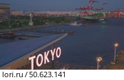 Tokyo, Japan - Oct 2 2024, panoramic view of docks with cranes and a moored giant cargo ship loaded with containers, in foreground is signage with word Tokyo on roof of Tokyo cruise port, Tokyo, Japan. Редакционное видео, видеограф Сергей Богомяко / Фотобанк Лори