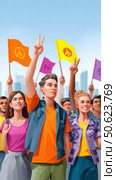 Young activists marching for peace and nuclear disarmament. Стоковое AI-изображение, AI-художник Юрий Поздников / Фотобанк Лори