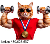 Рыжий кот в очках с медалью и гантелями. Стоковое AI-изображение, AI-художник Валерий Ячин / Фотобанк Лори
