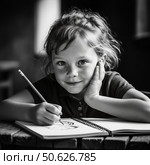 Девочка с веснушками сидит за столом и рисует. Ретростиль. A girl with freckles is sitting at a table and drawing. Retro style. Стоковое AI-изображение, AI-художник Смирнова Светлана / Фотобанк Лори