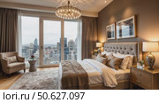 Modern bedroom interior with large window and city view. Стоковое AI-видео, аниматор Андрей Бажанов / Фотобанк Лори