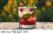 Refreshing raspberry mojito garnished with mint leaves outdoors. Стоковое AI-видео, аниматор Андрей Бажанов / Фотобанк Лори