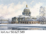 Watercolor winter scene with a view of a majestic cathedral with a massive dome decorated with gilding. The architecture of the building is made in the classical style with columns, arches and stucco. The cathedral is located by the river, the surface of which is covered with ice, reflecting the snow-covered trees and the building. Around there is a snow-covered park with bare trees, the sky is light, with soft clouds, creating an atmosphere of peace and winter silence. The illustration is ideal for the themes of architecture, winter landscapes, history and travel. Стоковое AI-изображение, AI-художник Анна Кривицкая / Фотобанк Лори