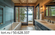 Modern luxury bathroom with picture window overlooking a tranquil lake and lush forest. Стоковое AI-изображение, AI-художник Михаил Коханчиков / Фотобанк Лори