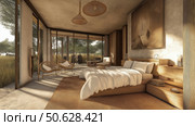 Luxury bedroom with panoramic windows and safari view. Modern hotel suite with natural design. Стоковое AI-изображение, AI-художник Михаил Коханчиков / Фотобанк Лори