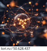 Atom with rotating electrons, energy and matter concept background. Стоковое AI-изображение, AI-художник Михаил Коханчиков / Фотобанк Лори