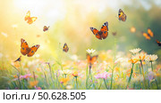 Colorful butterflies and wildflowers in meadow. Стоковое AI-изображение, AI-художник Михаил Коханчиков / Фотобанк Лори