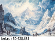 Watercolor fantasy illustration of a majestic mountain landscape covered with eternal snow and ice. High peaks rise into the sky, illuminated by a soft glow, creating a sense of mysticism and sublimity. Below are figures of travelers and caravans overcoming a harsh path through icy gorges. The composition conveys scale, the spirit of adventure and an epic atmosphere. Suitable for decorating fantasy books, board games, posters, posters and visual stories. Стоковое AI-изображение, AI-художник Анна Кривицкая / Фотобанк Лори